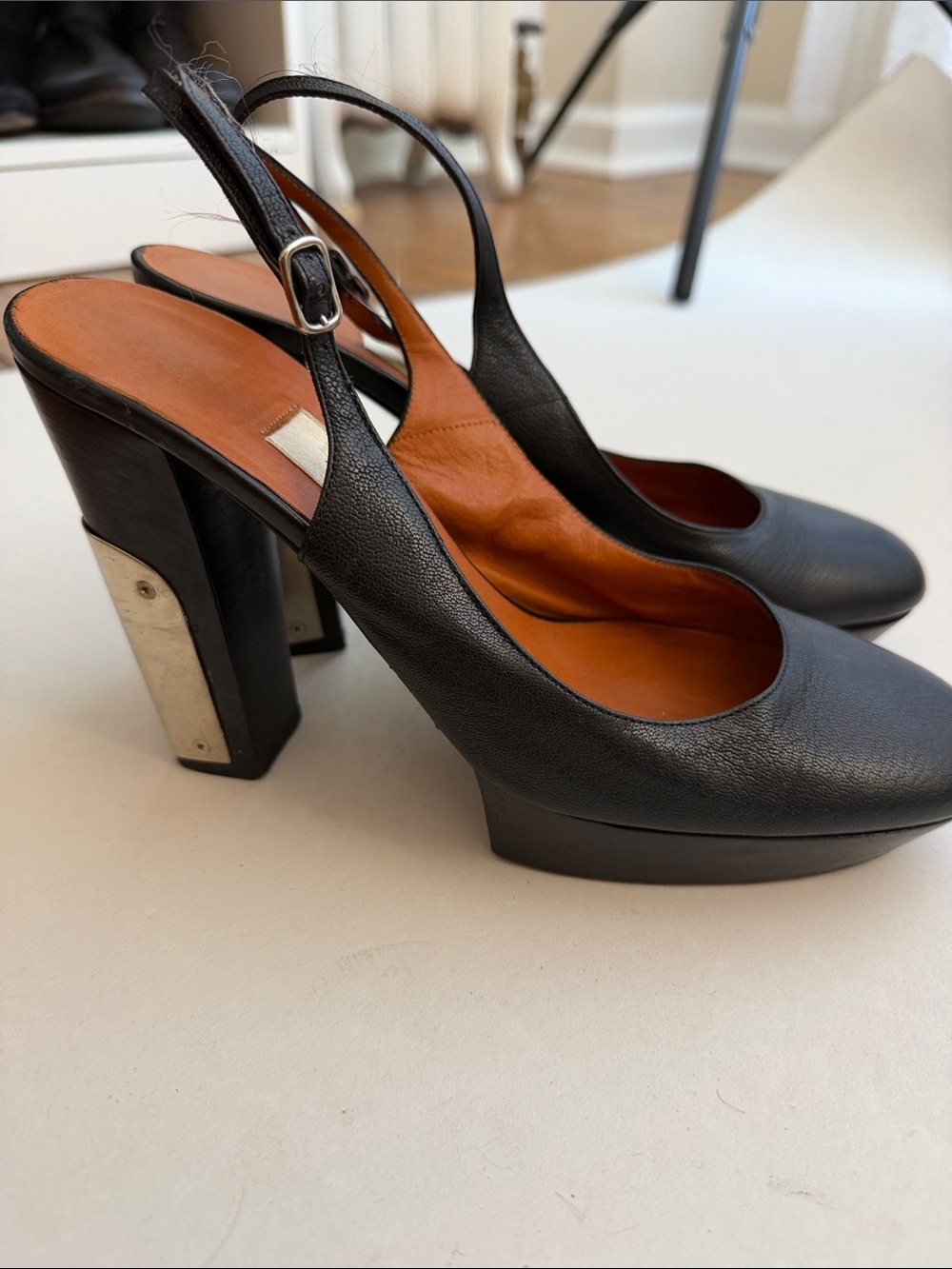 Lanvin Black Leather Slingback Platform Pumps with Silver Heel Accent
